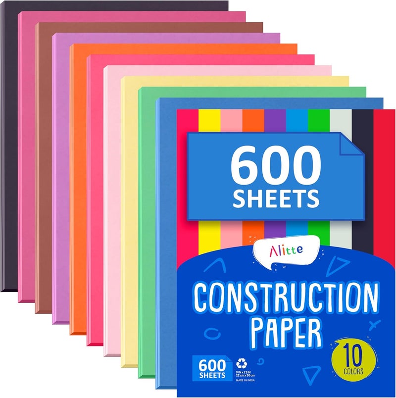 Alitte Construction Paper Assorted Colors - (600 Sheets, 9x12), Craft Paper, 10 Bright Colors - Bulk Pack Arts & Crafts Projects - Colored Paper For Preschool, Home, And Classroom Supplies - Image 1